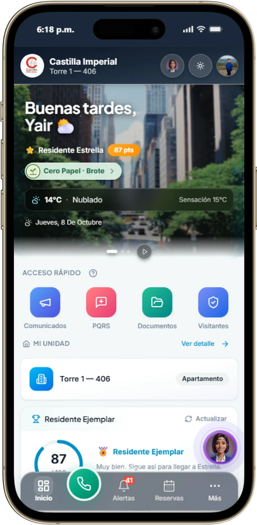 Pantalla real de SmartPH en iPhone: inicio del residente de Castilla Imperial, accesos rápidos y asistente Sophi